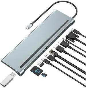 USB C Docking Station, USB C Dock, Triple Monitor USB Type C to DP HDMI VGA Adapter, 12 in 1 USB C Hub, Laptop Docking Station Multiport USB 3.0 SD/TF Audio for Windows MacBook Type C Laptops