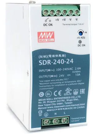 MEAN WELL SDR-240-24 240W 10A 24VDC Single Output DIN Rail Power Supply with PFC Function (SDR Series High Efficiency UL 508 Approved)