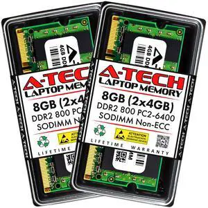 A-Tech 8GB (2x4GB) DDR2 800MHz SODIMM PC2-6400 1.8V CL6 200-Pin Non-ECC Unbuffered Laptop RAM Memory Upgrade Kit