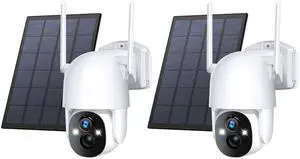 Poyasilon Solar Security Cameras Wireless Outdoor, 3MP 2K FHD Outdoor Camera Wireless 2.4G Wi-Fi 355° View Pan Tilt Security Cameras with AI Motion Detection, Siren (2 Pack)