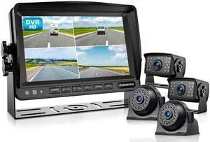 Fookoo HD 1080P 7" Wired Backup Camera System, 7-inch Quad Split Screen Monitor W/Recording, IP69 Waterproof Side View Rear View Cameras, Parking Lines for Truck/Trailer/RV/Tractor/ 5th Wheel (DY704)