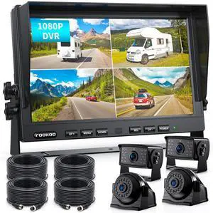 Fookoo  10" 1080P Wired Backup Camera System Kit,10" HD Quad Split Screen Monitor with Recording IP69 Waterproof Rear View Side View Camera Parking Lines for Truck/Semi-Trailer/Box Truck/RV(DY104)