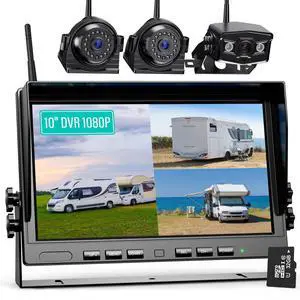 Nuoenx 10" Wireless Backup Camera System for Truck, HD 1080P Digital Back Up Camera System with 10 Inch Quad Split Loop Recording Monitor, IP69K Waterproof Reversing Cameras for RV, Trailer (W103)