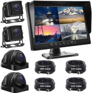 Wired Backup Camera System with 10.1 IPS Monitor for Truck RV Trailer Bus, Rear View Camera, with Side Front View Camera, 4 Split Screen, Super Waterproof, Night Vision, Easy Installation AHD1080P