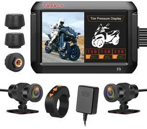 VSYSTO Motorcycle Dash Camera with 3 Tire Pressure Sensors, WiFi Waterproof GPS 4'' Screen HD 1080P 150° Wide Angle S-ONY307 Front and Rear Cam Positive/Reversed Three Wheeled Motorbike DVR(Black-X)
