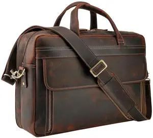 Masa Kawa Vintage Leather Briefcase for Men 17 Inch Laptop Computer Brief Case Business Travel Work Messenger Cross Body Shoulder Bags, Brown