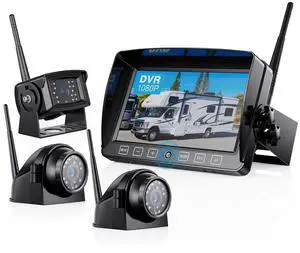 ZEROXCLUB Wireless Backup Camera with 7 Inch DVR Quad Split Monitor for RV Trailer Truck, Digital Signal HD 1080P Wireless Rear Side View 3 Cameras Back Up System w/Recording 18 IR Night Vision (B3C)