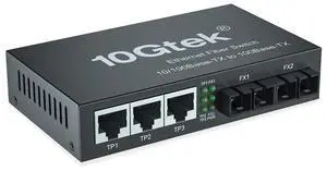 10Gtek 5-Port Fast Ethernet Desktop Fiber Switch, 2 Ports Dual SC Fiber, 20 km