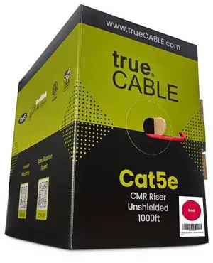 trueCABLE Cat5e Riser (CMR), 1000ft, Red, 24AWG 4 Pair Solid Bare Copper, 350MHz, PoE++ (4PPoE), ETL Listed, Unshielded Twisted Pair (UTP), Bulk Ethernet Cable