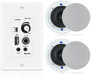Herdio 6.5 Inch Bluetooth Ceiling Speakers 320W 2-Way Flush Mount in Wall Amplifier Receiver Suitable for Home Theater Bathroom Living Room Kitchen Office (White, Pair)