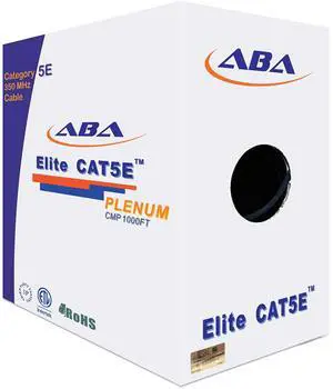 CAT5E Plenum (CMP), Ethernet Cable 1000ft, Unshielded Twisted Pair (UTP) 24AWG, Solid Pure Bare Copper, 350MHz, UL Certified, Easy to Pull, Bulk Networking LAN Cable - Black