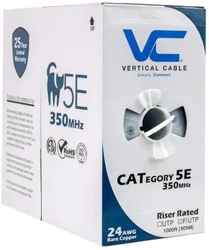 Vertical Cable Cat5e, 350 MHz, Shielded, 24AWG, Solid Bare Copper, 1000ft, Bulk Ethernet Cable, White