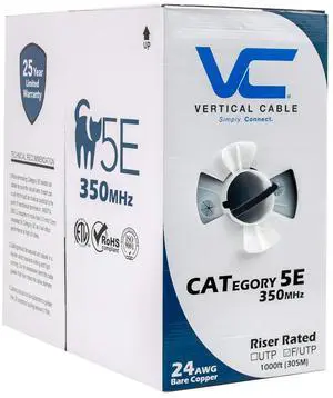 Vertical Cable Cat5e, 350 MHz, Shielded, 24AWG, Solid Bare Copper, 1000ft, Bulk Ethernet Cable, Black