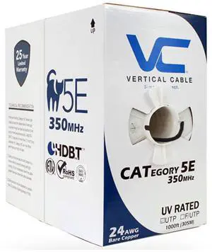 Vertical Cable Cat5e, 350 Mhz, UTP, UV Jacket, Outdoor, CMX, 1000ft, Bulk Ethernet Cable, Black