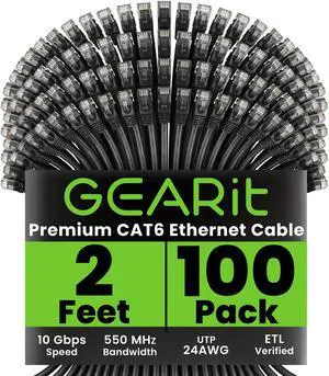 GEARit Cat 6 Ethernet Cable (100-Pack 2 Feet) Cat6 Network Patch, 10Gbps, RJ45, Snagless Cord, Gold-Plated Connectors, Internet for PC, TV, Tablet, Router, Printer, Servers, IT Data Center - Black GEARit Cat 6 Ethernet Cable (100-Pack 2 Feet) Cat6 Network Patch, 10Gbps, RJ45, Snagless Cord, Gold-Plated Connectors, Internet for PC, TV, Tablet, Router, Printer, Servers, IT Data Center - Black