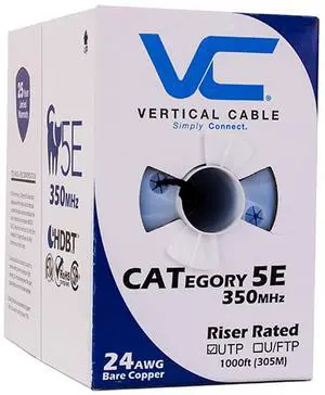 Vertical Cable Cat5e, 350 MHz, UTP, 24AWG, 8C Solid Bare Copper, 1000ft, Black, Bulk Ethernet Cable - 054 Series