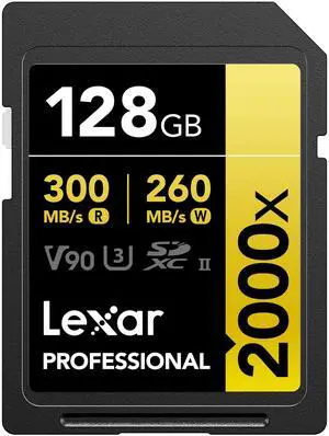 Lexar 128GB Professional 2000x SD Card, UHS-II, C10, U3, V90, Full HD, 8K, Up To 300MB/s Read SDXC Memory Card, for DSLR, Cinema-Quality Video Cameras (LSD2000128G-BNNNU)