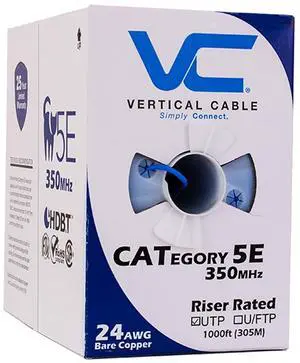 Vertical Cable Cat5e, 350 MHz, UTP, 24AWG, 8C Solid Bare Copper, 1000ft, Blue, Bulk Ethernet Cable - 054 Series