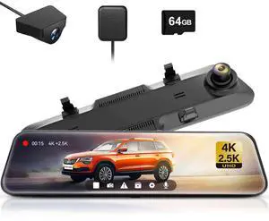 WOLFBOX G900 Rear View Mirror Camera, Mirror Dash Cam 4K Front and 2.5K Rear, Smart Full 12 Touch Screen, Backup Camera for Car, GPS, WDR, Night Vision, Included 64GB Card