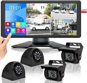 RV Backup Camera System with 10.36 4K Monitor for RV Truck Bus Trailer with 4 Rear/Side View 1080P HD Cameras 4 Splits Touch Screen DVR Recording IP69 Waterproof Bluetooth Music Video Avoid Blind