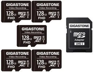 GIGASTONE 128GB Micro SD Card 5-Pack, 4K Video Recording, Compatible with Security Camera, Dash Cam, Drone, 85MB/s MicroSDXC Memory Card UHS-I Class 10, with Adapter