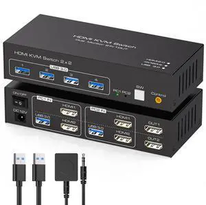 HDMI KVM Switch 2 Monitors 2 Computers 4K@120Hz USB 3.0 KVM Switch Share Dual Monitor and 4 USB Devices Support Extended/Copy Mode