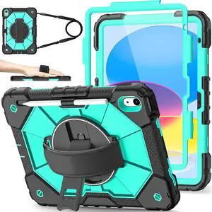 Nitupai Case for iPad 10th Generation 10.9 Inch 2022 / iPad A16 Case 11 Inch 2025 with Screen Protector 10th Gen Cover for Kids Pencil Holder 360° Rotating Stand Shoulder Strap, Black Mint