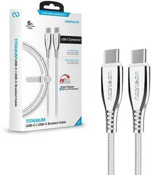 Naztech Titanium 6ft USB-C to USB-C Charger Cord - Durable, Braided Fast Charging Cable w/High-Speed Data Transfer & 60 W Power Delivery, Compatible with iPhone, Android, Tablets, & More - White