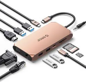 Docking Station USB C to HDMI Adapter, ORICO 12 in 1 USB C Hub with 4K HDMI 1.4, VGA, 100W PD, Ethernet, 5 USB Data Ports, SD/TF, Audio, Compatible for Windows/Mac OSRose Gold