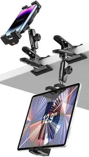 woleyi Kitchen Under Cabinet Tablet Holder - [Metal Clamp Arm] Tablet Mount for Counter, Portable Desktop Tablet Stand Clip, for 4.7-13" Tablets, iPad Pro 12.9, Air, Mini, iPhone, Galaxy, Fire, Switch