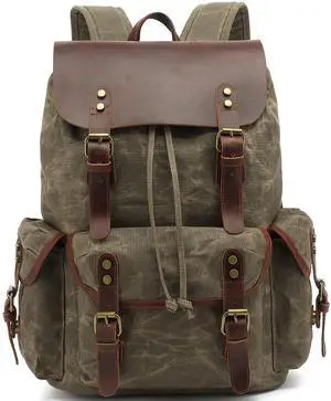 HuaChen Leather Backpack for Men,Waxed Canvas Shoulder Rucksack for Travel Laptop Bag OVERSIZE - M80 Army Green XL