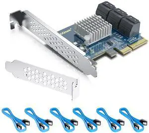 10Gtek 6-Port PCIe Expansion Card, PCIe x4 to 6X SATA 3.0 (6Gbps) Controller with 6 Cables & Low Profile Bracket, Supports HDD/SSD Storage for Desktop PC