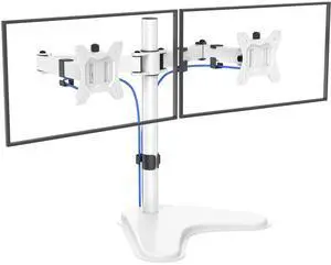 HUANUO 32 inches Dual Monitor Stand up to 17.6lbs, High-Grade Aluminum Free-Standing Dual Monitors Mount for 2 Screens. Fully Adjustable Dual Monitor Stand for Desk with Tilt, Swivel, Rotation, White