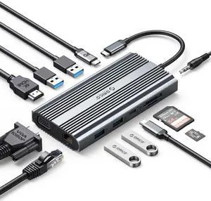 Docking Station USB C to HDMI Adapter, ORICO 12 in 1 USB C Hub with 4K HDMI 1.4, VGA, 100W PD, Ethernet, 5 USB Data Ports, SD/TF, Audio, Compatible for Windows/Mac OSGrey