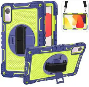 YOUULAR Tablet Case for Xiaomi Redmi Pad SE 11.0 inches, Tablet Shockproof Cover with 360° Rotating Stand and Wrist Strap, Shoulder Strap Navy Blue+Yellow Green