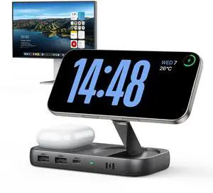 Selore USB C Hub with Wireless Charging for MacBook: 4K@60Hz HDMI, 100W PD, 15W Qi2 + 5W Wireless, 10Gbps Ports, iPhone Mirroring Docking Station & Magsafe Stand, Space-Saving Desk Organizer(Black)