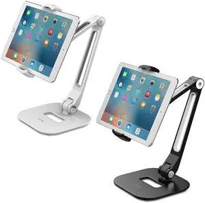 AboveTEK Long Arm Aluminum Tablet Stand, Folding iPad Stand with 360° Swivel iPhone Clamp Mount Holder, Fits 4-11" Display Tablet/Phones for Kitchen Table Bedside Office POS Kiosk Reception