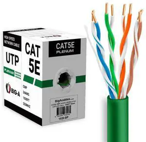 Big-A - 1000ft Cat5e Plenum Ethernet Cable, Green, 350MHz, 24AWG UTP, CMP Rated, Solid Network LAN Cord, Compatible with Printer, Gaming Consoles, Router, VoIP Phones, POE IP Cameras