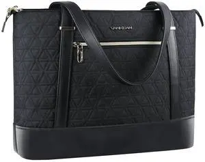 VANKEAN Laptop Bag for Women, 15.6 Inch Work Bag Waterproof Computer Shoulder Bag with USB Port, Large Tote Bag for Work Business Travel, Quilted Black