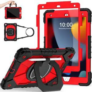 Scnioy Case for iPad 9th Generation iPad Case 9th 8th 7th Generation iPad 10.2 Inch iPad 9th Gen Cover with Screen Protector Pen Holder TabletCases for Kids 360° Rotating Stand, Black Red