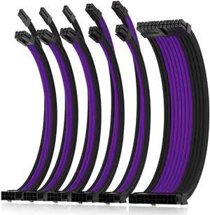 Asiahorse 16AWG Pro Power Supply Sleeved Cable for Power Supply Extension Cable Wire Kit 1x24-PIN/ 2x8-PORT (4+4) M/B,3x8-PORT (6+2) PCI-E 30cm Length with Combs(Dual EPS Black Purple)