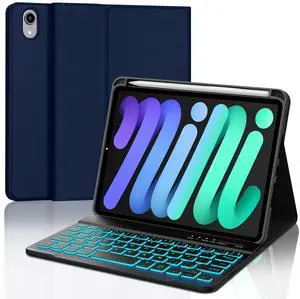 Keyboard Case for iPad Mini A17 Pro 2024 & Mini 6th Gen 2021, Smart Case with Backlit Keyboard for iPad Mini 7th/6th 8.3 inch, Portable Detachable Keypad, Pencil Holder Support Charging, Navy Blue