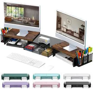 gianotter Dual Monitor Stand Riser, Desk Organizer With Drawer and 2 Pen Holders,Computer Monitor Stand, Desk Shelf for Top of Desk, Wood