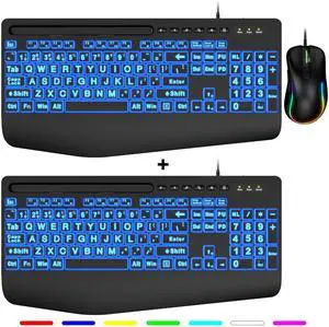 2PCS Wired Keyboard and 1PCS Mouse, Large Print Backlit Keyboard with Wrist Rest and 7-Color Backlit, Lighted Computer Keyboards Easy to See, Light Up USB Keyboard Mouse Combo for PC, Windows