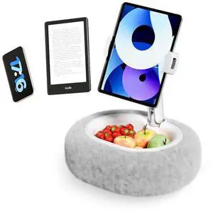 SupeDesk Kindle Pillow Stand  Soft Grey Fuzzy Tablet Holder with Storage Bowl, Hands-Free Lap Stand for Bed, Couch  Compatible with Kindle, iPad, Phones & E-Readers (Gray)