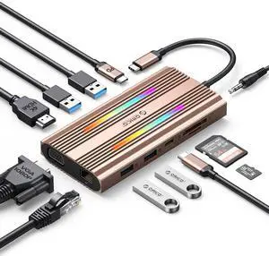 Docking Station USB C to HDMI Adapter, ORICO 12 in 1 RGB USB C Hub with 4K HDMI 1.4, VGA, 100W PD, Ethernet, 5 USB Data Ports, SD/TF, Audio, 14 RGB Lighting Modes, Compatible for Windows/Mac OSGold