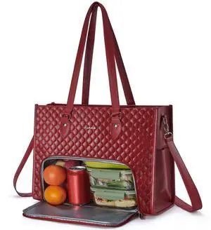 Ralnitote Laptop Tote Bag with Insulated Lunch Compartment for Women, PU Leather 15.6 Inch Work Bag, Elegant Computer Handbag, Versatile Business Tote for Office,Travel or Casual-Crimson Red