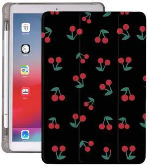 Idocolors Cherry Pad Case Black Case for 9th Generation ipad Cute Girly Anti-Scratch Shockproof with Pencil Holder Lightweight Smart Trifold Stand Case(Model Number: A2602/A2603/A2604/A2605)