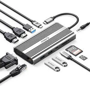Docking Station USB C to Dual HDMI Adapter, ORICO 12 in 1 USB C Hub with Dual HDMI, VGA, 100W PD, Ethernet, 2 USB-A 3.1, 1 USB 2.0, 1 Type-C 3.1, SD/TF, Audio, Compatible for Windows/Mac OSSilver Docking Station USB C to Dual HDMI Adapter, ORICO 12 in 1 USB C Hub with Dual HDMI, VGA, 100W PD, Ethernet, 2 USB-A 3.1, 1 USB 2.0, 1 Type-C 3.1, SD/TF, Audio, Compatible for Windows/Mac OSSilver
