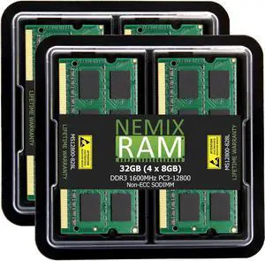 NEMIX RAM 32GB (4X8GB) DDR3 1600MHZ PC3-12800 2Rx8 1.35V 204-PIN Non-ECC SODIMM Laptop Memory KIT Compatible with Apple MacBook Pro, iMac, Mac Mini